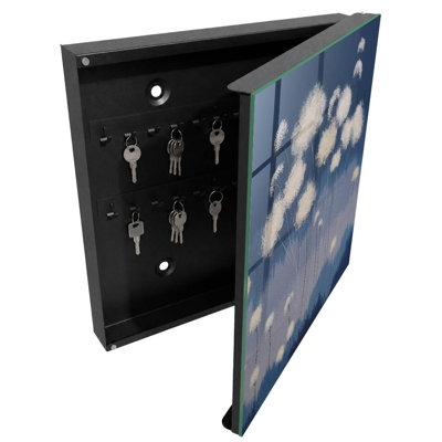 Key box for wall, Opens to the left, 30x30x5, Black, Ethereal flowers in a blue setting, 