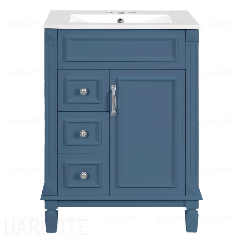 Meuble-lavabo de salle de bain avec lavabo en céramique, petite armoire de salle de bain, armoire moderne avec 2 tiroirs et tablette réglable