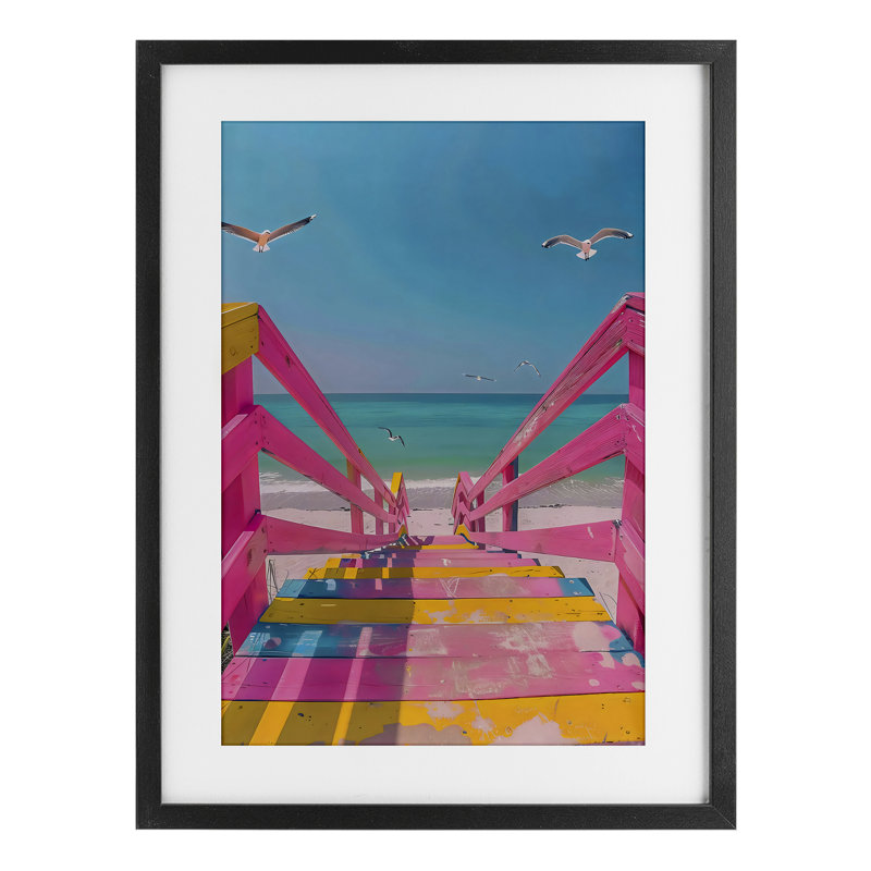 «Retro Pink Beach Stairs», reproduction encadrée sous verre, design par LSR Design Studio, H 20 po x l 14 po
