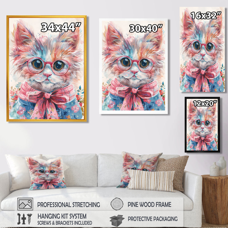 «Intellectual Cat Portrait with Glasses II», reproduction d'art mural, H 32 po x l 24 po x P 1 po, Toile tendue