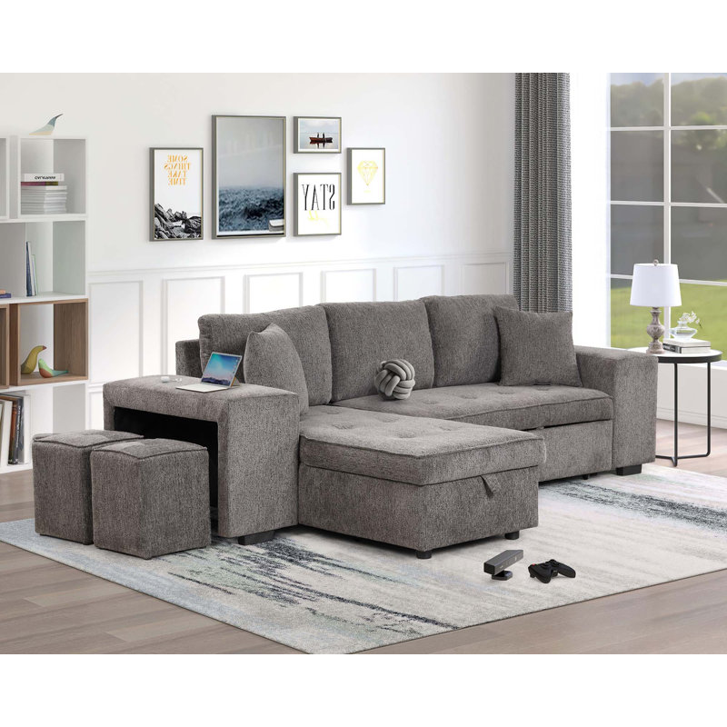 Ensemble de canapé modulaire réversible en L 104,5 po à 3 places, canapé-lit escamotable avec méridienne de rangement et 2 tabourets de salon