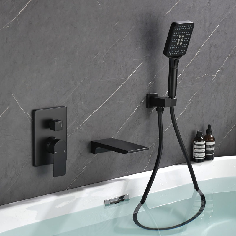 3 Hole Wall Mounted Tub Faucet With Hand Shower Waterfall Bathtub Faucet Brass Single Handle Tub Fillers With Valve
