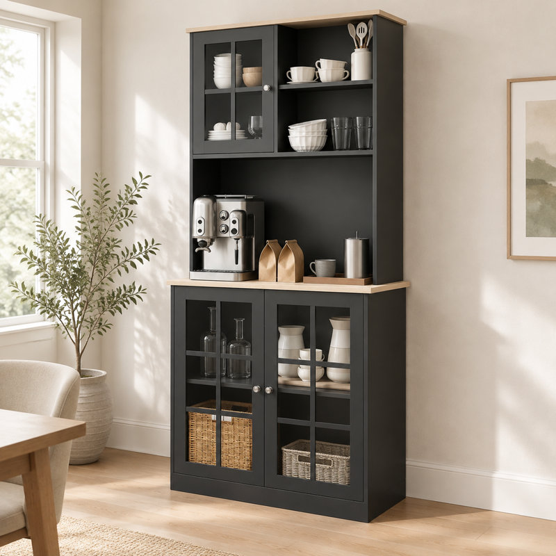 Armoire de rangement autoportante avec huche, porte vitrée et sangle anti-basculement
