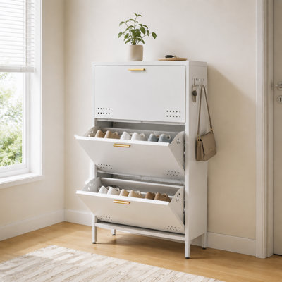 25.6" W White Metal Tilt Out Shoe Cabinet, Heavy Duty Steel Entryway Storage with Side Hooks for Hallway, Bedroom