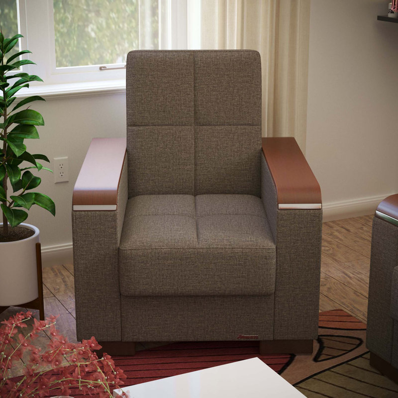 Upholstered Convertible Wood Trimmed Armchair With Storage, Polyester, Brown