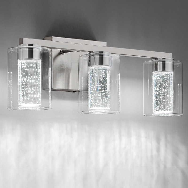 Éclairage pour salle de bain 3 lumières en nickel brossé avec 3 modes de couleur et abat-jour en verre transparent, 3