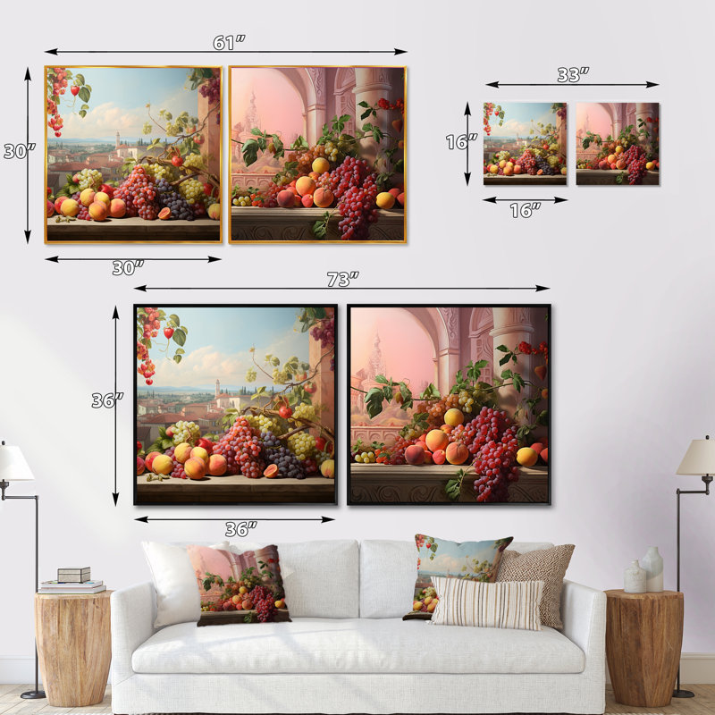 Ensemble de 2 collages carrés de fruits, H 16 po x l 33 po, Cadre flottant blanc