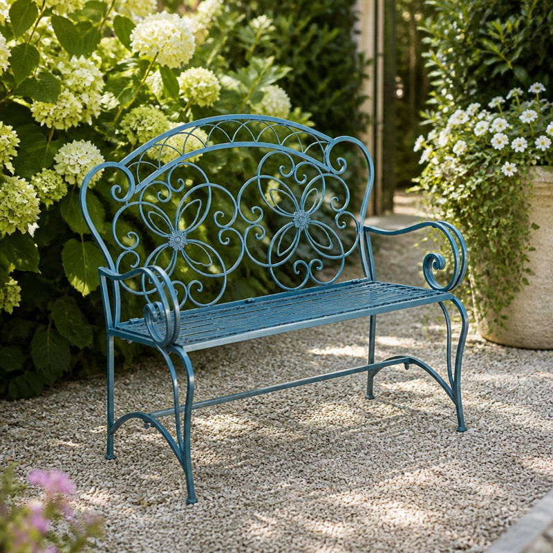 Blue And Gold Matal Garden Bench, 104cm H x 111cm W x 61cm D, Blue