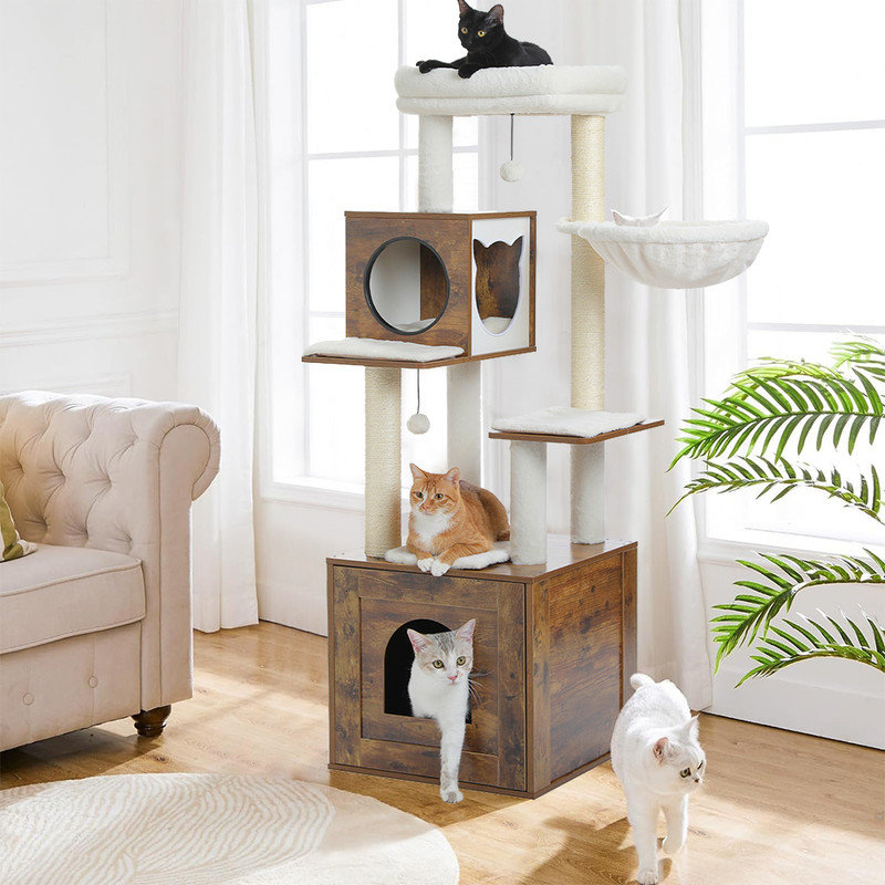 58" Wood Cat Tree with Litter Box,Wood Cat Tower with Storage Cabinet and Cat Condo, Brown