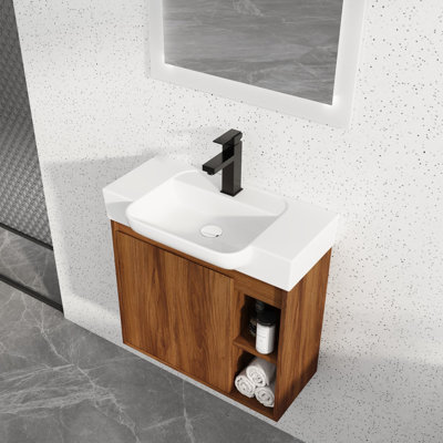 Meuble-lavabo moderne 24 po avec lavabo. Porte à fermeture en douceur, fabrication en contreplaqué. , -. Armoire et évier en céramique blanc