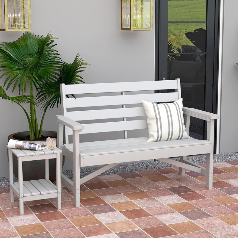 HDPE Outdoor-Dining-Table-Set, 5 Pieces: Table, 2 Chairs, 2 Benches, White