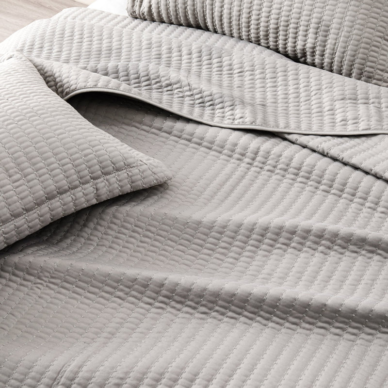 Light Gray Twin Microfiber Channel Stitch Quilt Set