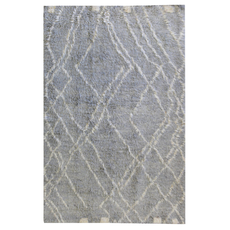 Tapis gris en laine noué à la main de conception unique 5 pi 4 po x 8 pi New Age