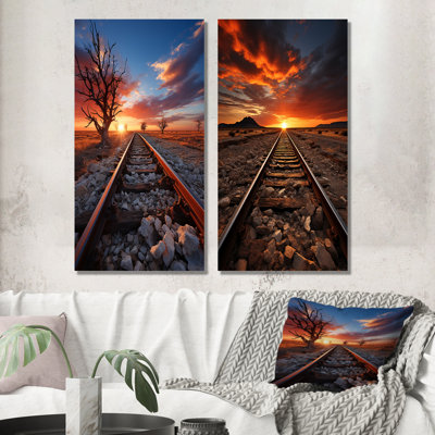 Chemin de fer au coucher du soleil - train, ensemble de 2 décorations murales en métal