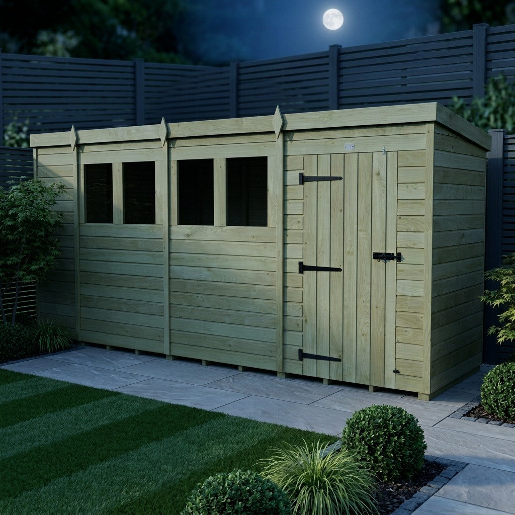 Total Sheds 15ft x 4ft Pent Garden Shed - Single Door - With Windows - Pressure Treated Timber - UK Manufactured