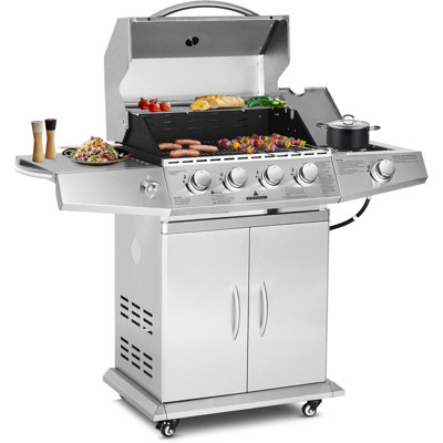 Portable Propane Gas Grill in Stainless Steel with 4 Burners Side Burner and Wheels