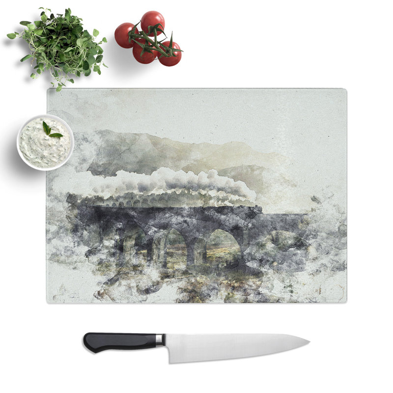 Tempered Glass Steam Train over Glenfinnan Viaduct Chopping Board, 28.5 cm x 39 cm