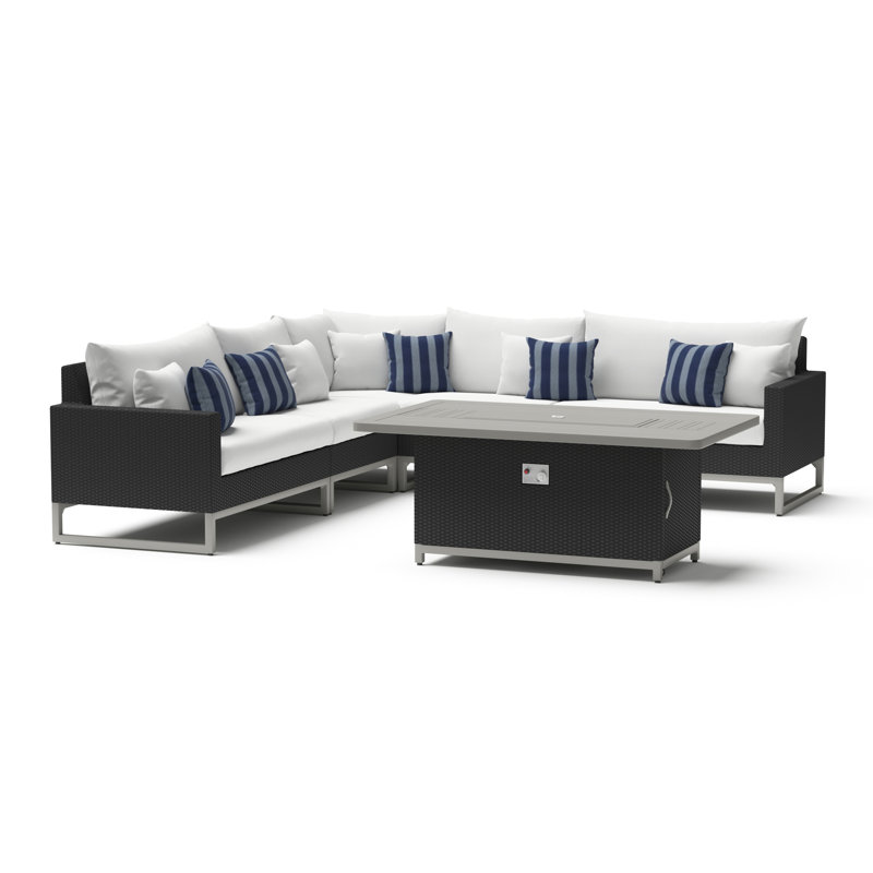 6 Piece Deep Seating Sectional And Fire Pit Table Set, Brown, Centered Ink Stripe Sunbrella®