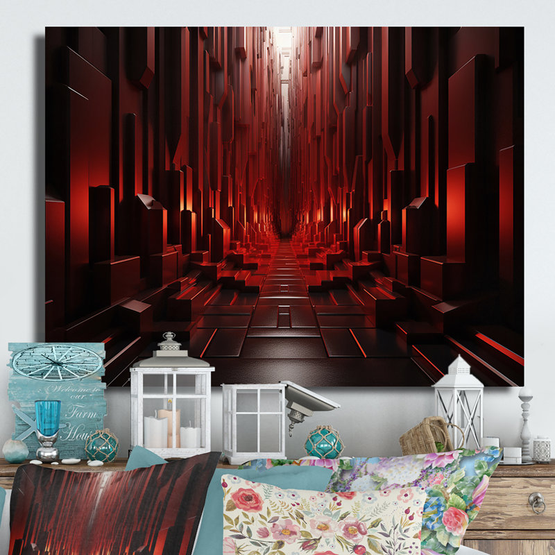 Abstract Square Red Wood Tunnel I - Tunnels Metal Wall Decor, 12" H x 20" W x 1" D