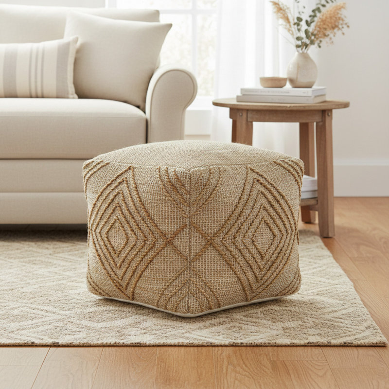 Chatav Hand-woven Jute Geometric Tan Upholstered Ottoman Pouf
