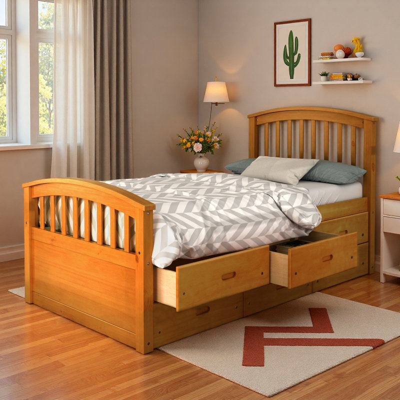 Lit plateforme avec rangement Coverson, lit en bois massif avec 6 tiroirs, Chêne