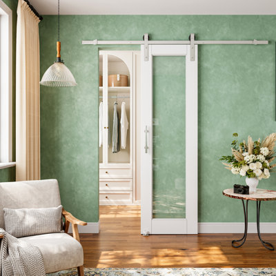 Modern White Primed And 1-Lite Clear Glass Sliding Barn Door With Nickel Plated Installation Hardware Kit(No Assembly Required)