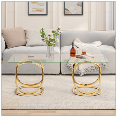 Table basse moderne moderne en verre avec cadres en forme d'anneau, structure en métal et verre trempé transparent, table centrale de luxe pour le salon, la chambre à coucher et le bureau