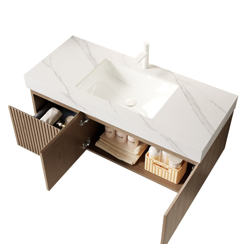 Meuble-lavabo mural de luxe de 122 cm (48 po) avec lavabo et meuble-lavabo suspendu moderne en pierre frittée.