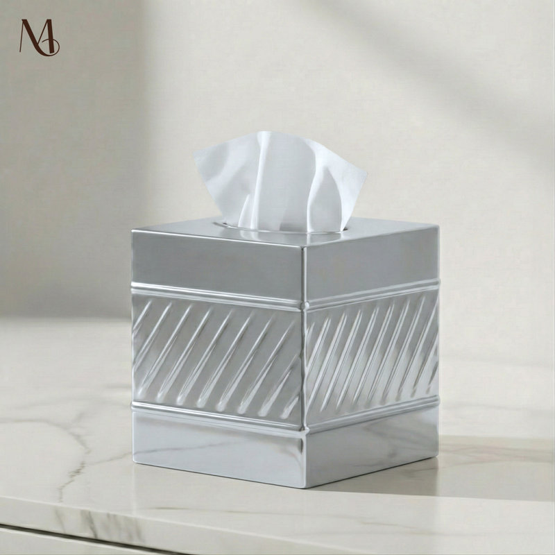 Wave Embossed Metal Tissue Box Cover, Nickel Chrome