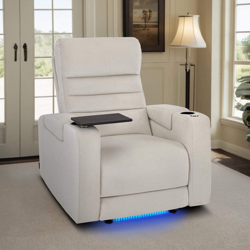 Zero-Gravity Power Reclining Home Theater Seating with Adjustable Headrest & Swivel Tray, Fabric, Beige