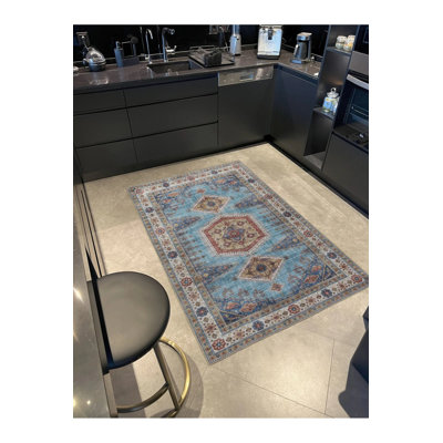 Blue Gray Framed Patterned Decorative And Woven Based Washable Carpet