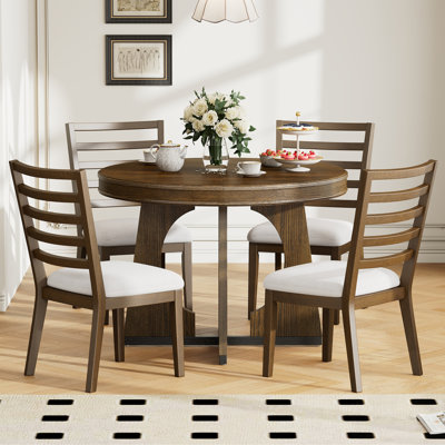 Ensemble de table de salle à manger rond pour 4 personnes avec rallonge extensible, conception géométrique rétro, idéal pour la cuisine et la salle à manger