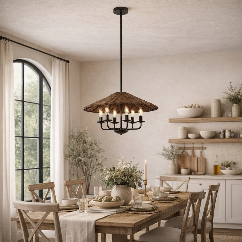 6-Light Hand-Woven Rattan Cone Pendant Chandelier, Bronze, Brown
