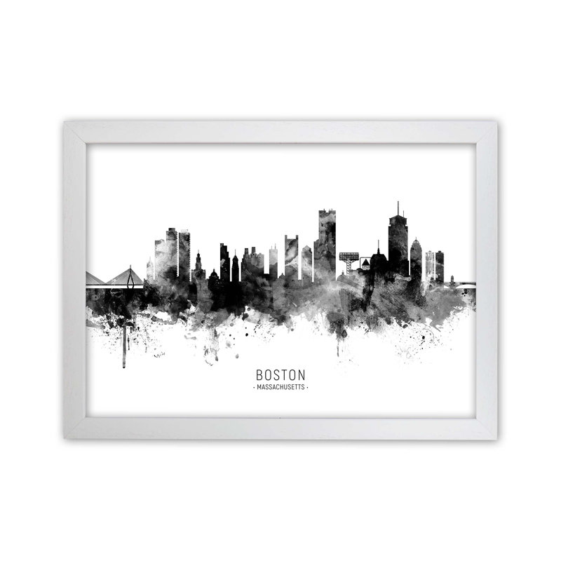 Boston Massachusetts Skyline Black White City Name by Michael Tompsett - Print, 64cm H x 88cm W x 3cm D, White Framed