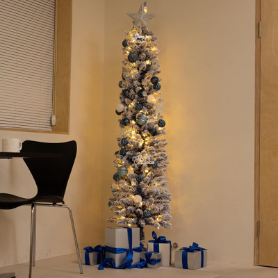 Arbre de Noël bleu illuminé, arbre de Noël enneigé avec 400 branches, 150 lumières et support pliable pour la décoration intérieure et extérieure
