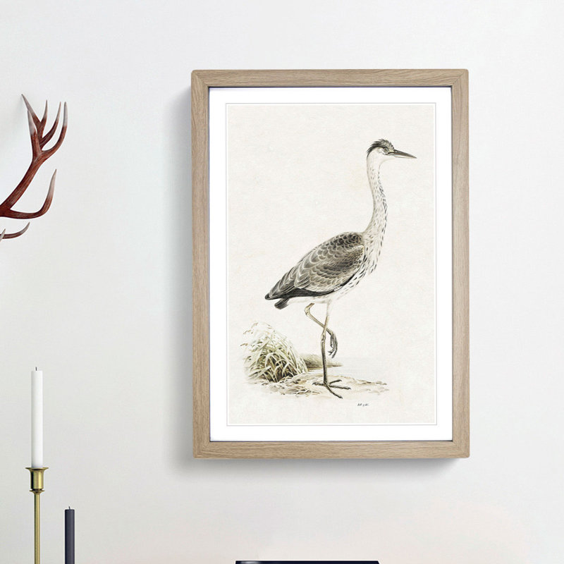 Grey Heron by Von Wright - Picture Frame Painting Print, 36cm H x 27cm W x 2cm D, Oak Framed