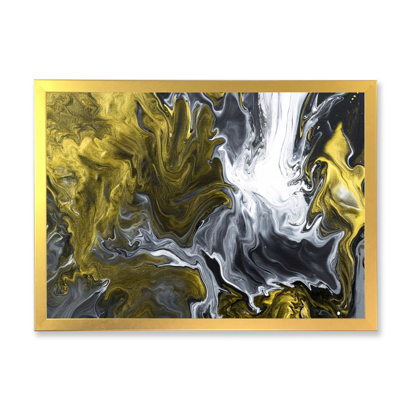 Jaune jaune et noir liquide Art Waves II - peinture sur toile, H 30 po x l 40 po, Toile à cadre d'angle fermé doré