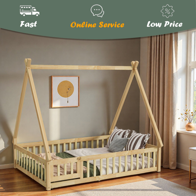 Tent-Shaped Floor Bed,Teepee Bed With Guardrails,Slats, Natural