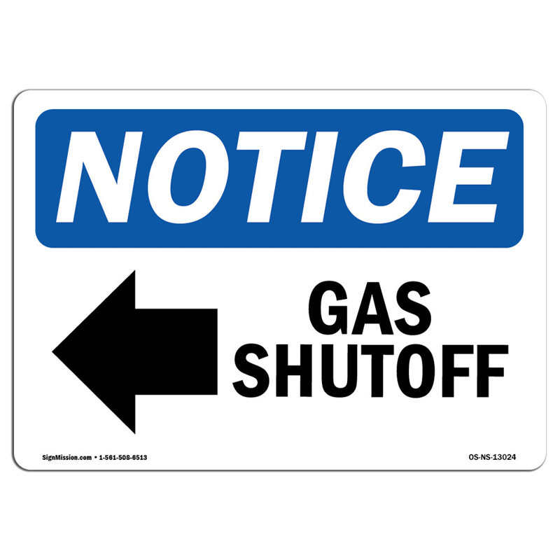 OSHA Notice - Gas Shutoff [Left Arrow] Sign With Symbol | Heavy Duty
