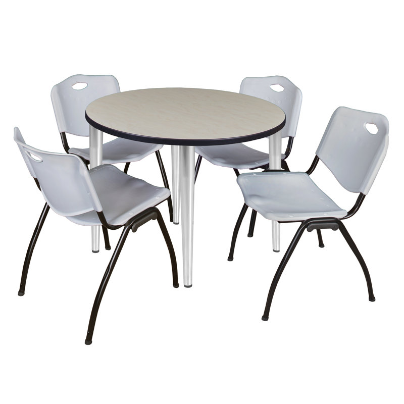 Dessus de table, base et 4 chaises empilables Kahlo, Érable / chrome / gris