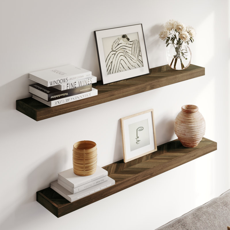 Jorgensen 2-Piece Acacia Chevron Floating Shelves, 1.5" H x 24" W x 6.7" D, Dark Walnut