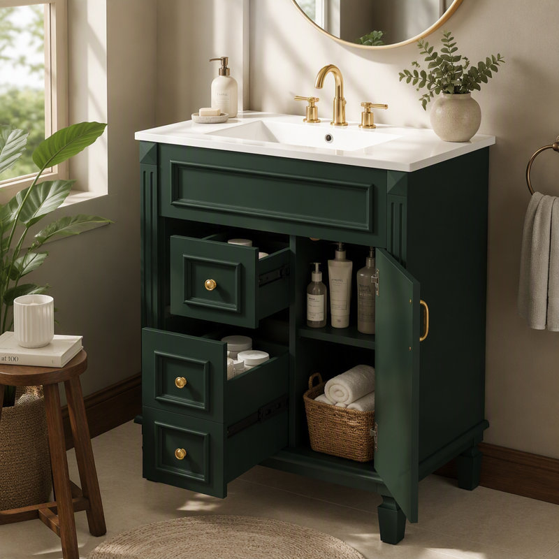 Meuble-lavabo 24 po avec lavabo en céramique, petite armoire de salle de bain moderne, 2 tiroirs et tablette réglable, Vert