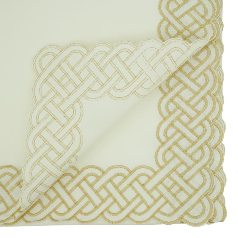 Gold Braid Embroidered White Polyester Tablecloth