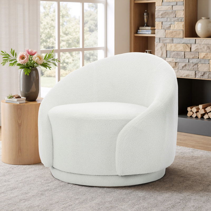 Aunna Upholstered Swivel Barrel Chair, White Boucle