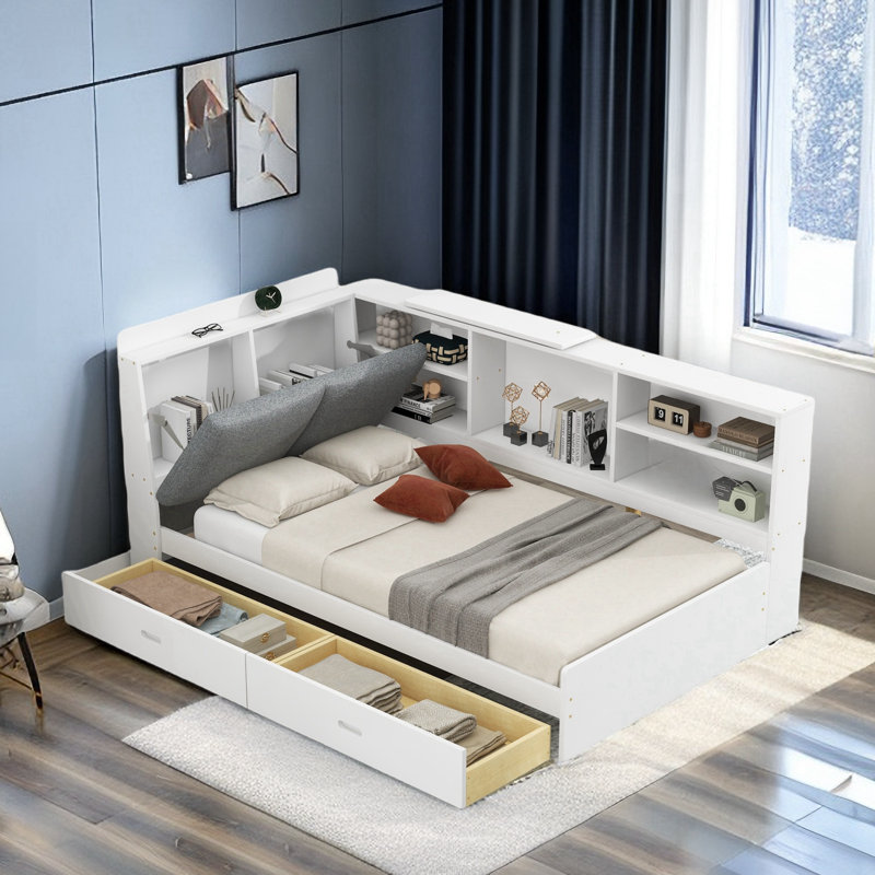 Lordina Bed with Upholstered Storage Headboard, Side Shelves and A Rotating Board, White