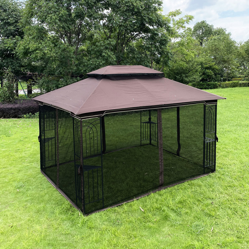 Brown 13X10 Gazebo With Cloth And Detachable Mesh - Outdoor Double-Layer Canopy