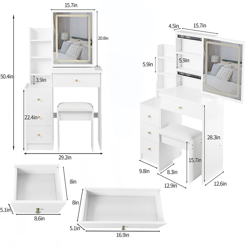 Left Bedside Cabinet Vanity Table With Touch Control LED Mirror, White