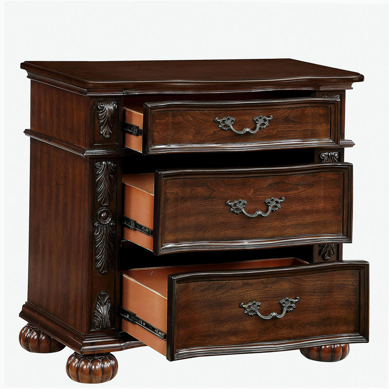 Table de chevet classique classique à 3 tiroirs avec finition cerisier et meubles de chambre à coucher en bois 1 pièce