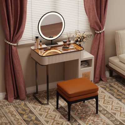 Glass top Makeup Vanity set, Expandable, Corner by Everly Quinn