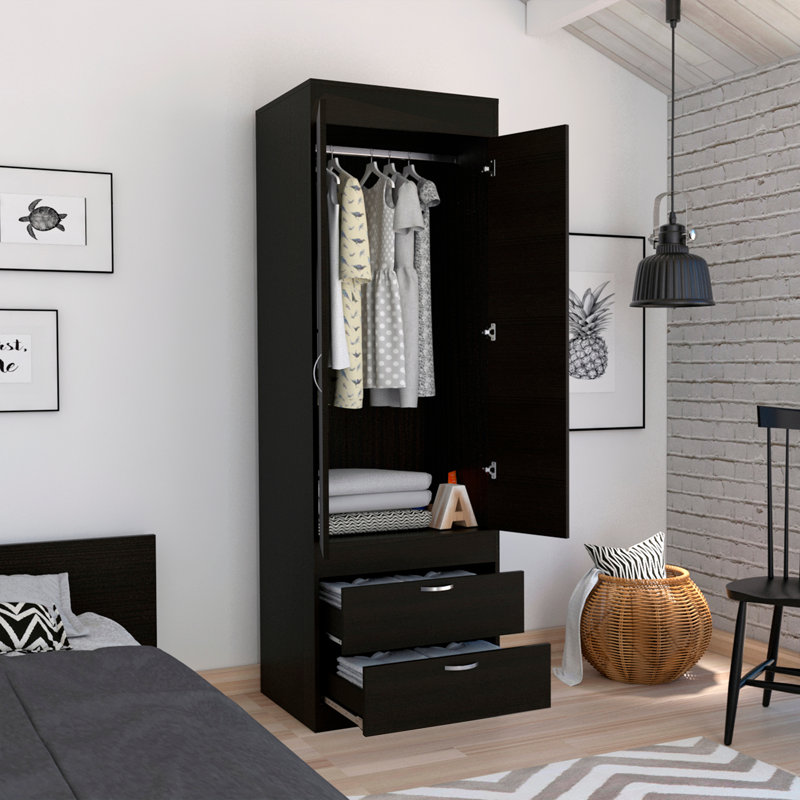 Armoire, tringle, porte double, deux tiroirs, poignées en métal, Noir